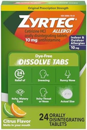 Zyrtec 24 Hour Dye-Free Allergy Relief Dissolve Tablets with 10 mg Cetirizine HCl, Citrus Flavored Antihistamine Allergy Medicine Helps Relieve Sneezing, Runny Nose, & Itchy Eyes, 18 ct