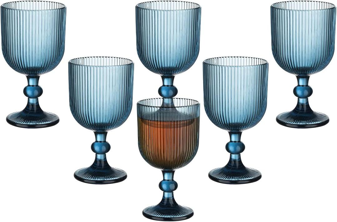 Blue Vintage Wine Glasses Set of 6, 11 Ounces Colored Glass Water Goblets, Unique Embossed Pattern High Clear Stemmed Glassware Wedding Party Bar Glass Drinking Cups Fancy Glasses Vertical Line