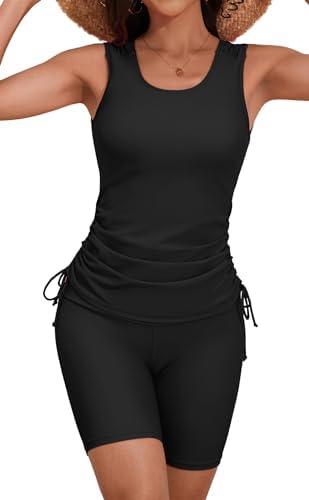 B2prity Tankini Swimsuits for Women Tummy Control Two Piece Bathing Suit Tank Top with Shorts Side Tie Swimwear, XL, Black