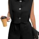 Women's Shorts Sets 2 Piece Spring Fashion Summer Button Vest Tops Business Casual High Waist Short, Small
