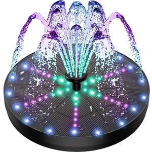 Upgraded Solar Fountain Bird Bath with 60 LED Lights, Solar Powered Water Fountain Pump with 4000mAh Battery 7 Nozzles 4 Fixers, for Garden Patio Pond Birdbath Pool