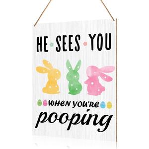 Funny Easter Bunny Bathroom Decor Easter Rabbit He Sees You When You're Pooping Hanging Wooden Signs for Bathroom Toilet Restroom Decorations