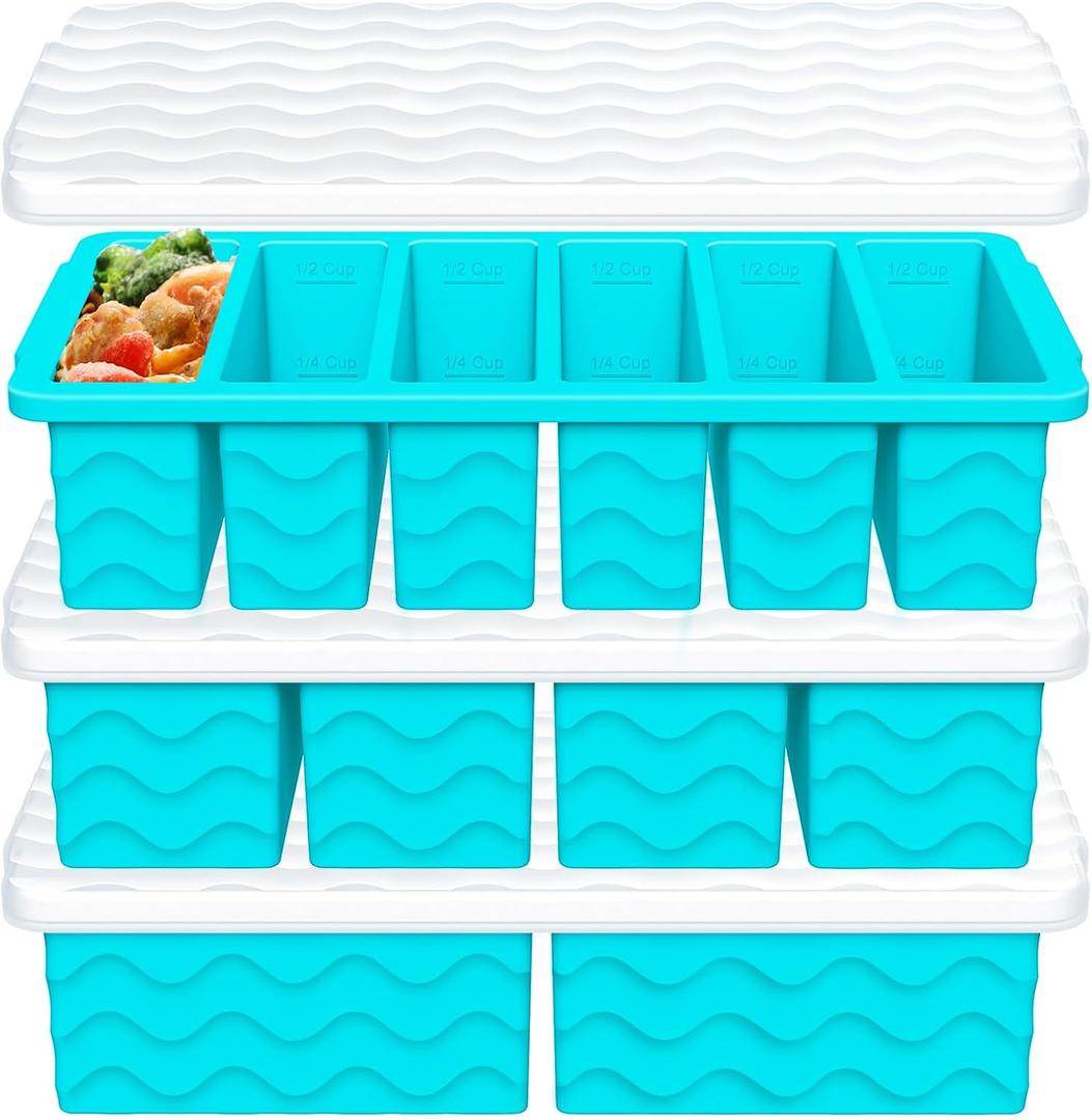 3-Pack Silicone Freezer Trays with Lid,2 Large 2-Cup(500ml)&4 Medium 1-Cup(125ml)&6 Small 1/2-Cup(75ml) Soup Freezer Container Molds,Ice Cube Tray For Meal Prep&Freezing Soup,Stews,Sauces (Lake blue)