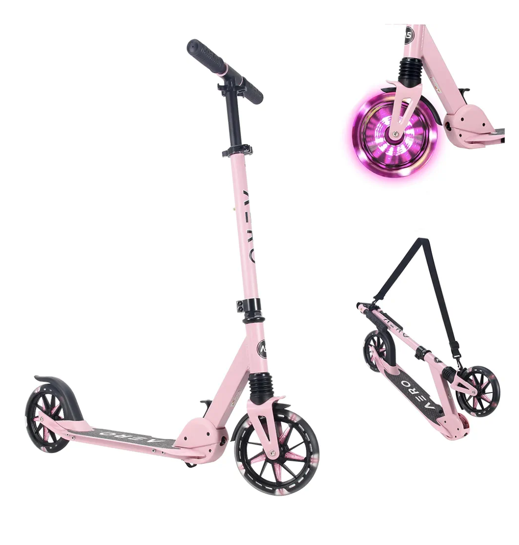 Aero Big Wheels Kick Scooter for Kids 6+, Teens & Adults | Light Up Wheels, Hand Brake, Rubber Deck Mat & Shock Absorption | Foldable & Height Adjustable
