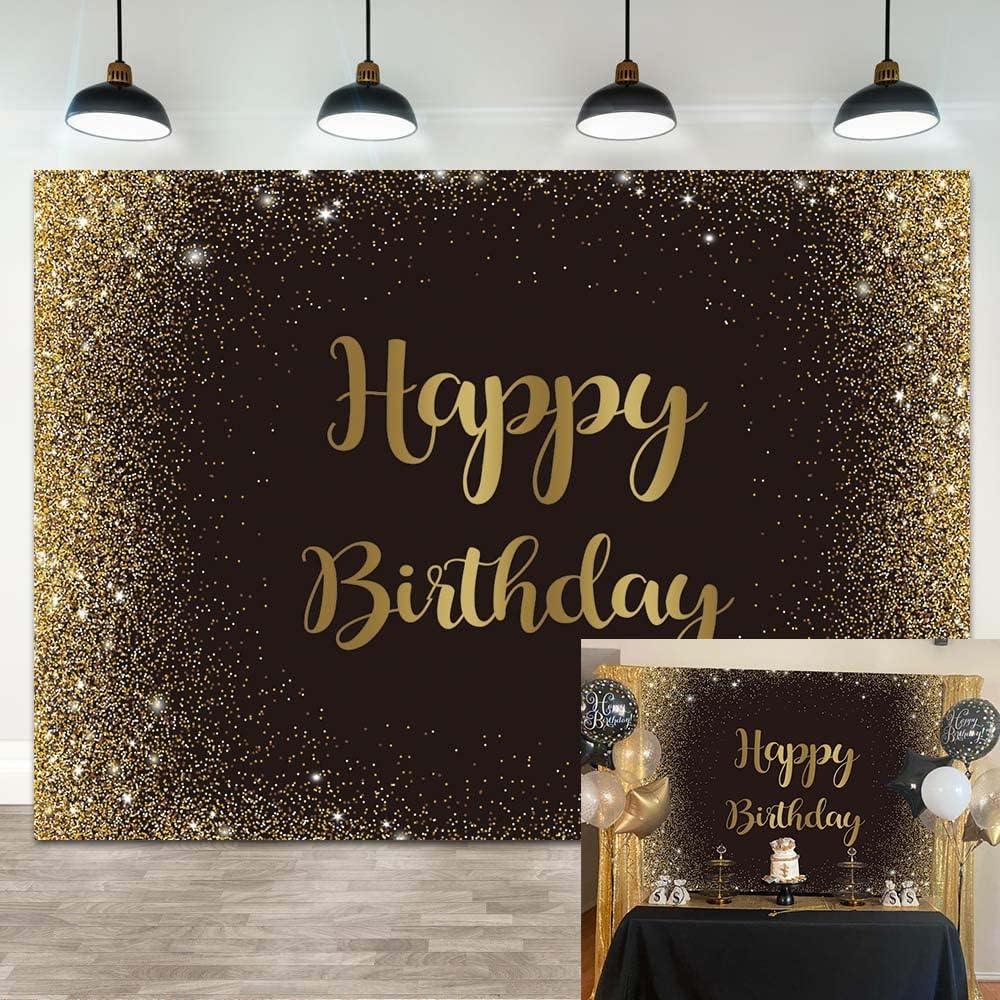 Black Gold Happy Birthday Backdrop Gold Glitter Spots Photography Background Adults Man Boy Birthday Party Table Wall Decoration Photo Shoot Booth Studio Props 7x5FT (7x5FT(width 210cm x Height 150cm))