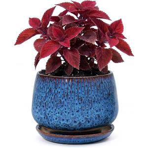 7.5 Inch Ceramic Planter with Saucer,Modern Garden Pots with Drainage Hole Mesh Net, for Indoor Outdoor Use (Speckle Blue)