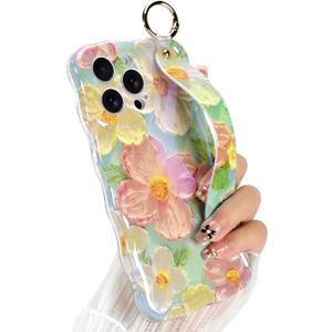 for iPhone 14 Pro Case with Finger Hand Wrist Strap, Cute Colorful Oil Painting Flower Floral Phone Case for Girls Women Stylish Aesthetic Curly Wave Frame Protective Cover, Pink Green