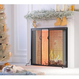 Kingson Fireplace Screen with Magnetic Doors, 2-Pannel Handcrafted Solid Wrought Iron Decorative Mesh Classic Fire Spark Guard Black 35" D x 11" Wx 28" H