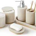 7PCS Bathroom Accessories Set, with Soap Dispenser, Q-tip Holder, Toothbrush Holder, Tumbler, Soap Dish, Vanity Tray, Bathroom Set Complete Organizer Countertop for Modern Decor, Beige