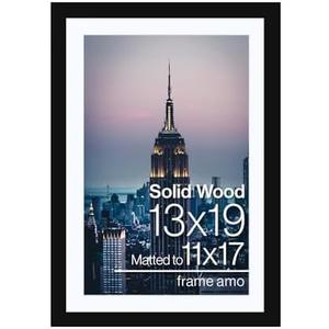 Frame Amo 13x19 Black Solid Wood Picture Frame, White Mat with 10.5x16.5 opening for 11x17 Image, 1 Inch Border, Acrylic Front