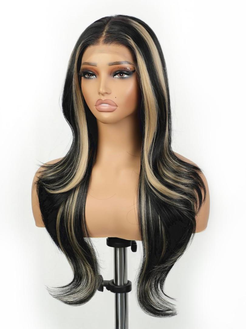 Cuiud Skunk Stripe Wig Glueless Lace Front Wigs Pre Plucked Synthetic Layered Wave Black and Blond wig 134 Wear and Go Wig for Black Women Beginner Friendly