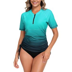 Halcurt Women's Half Zip Short Sleeve Rash Guard Swim Top with Bra Drawstring Adjustable UPF50+ Swimsuit (Large, Ombre Blue Turquoise)