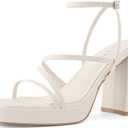 Shoe'N Tale Platform Heels for Women Strappy Block Chunky Heels Square Toe Ankle Buckle Sandals (7.5, Beige Ivory)