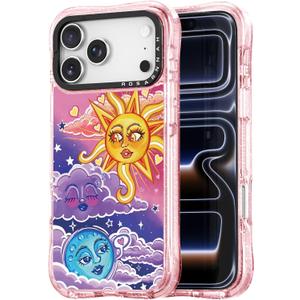for iPhone 17 Pro Max Case Cute - Military-Grade 20 ft Drop Protection Shockproof Phone Case - Funny Day and Night Design (6.9") Glitter Pink