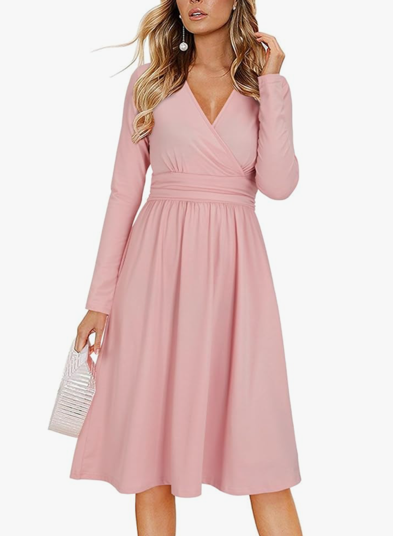 OUGES Women's Fall Long Sleeve V Neck Wrap Casual Work Business Outfits Winter Dress 2024(Pink - XL)
