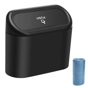 AHIER Small Car Trash Can with Lid, Plastic Mini Car Garbage Can Portable Hanging Holder with 30pcs Bags for Cars, Office, Home (Black)