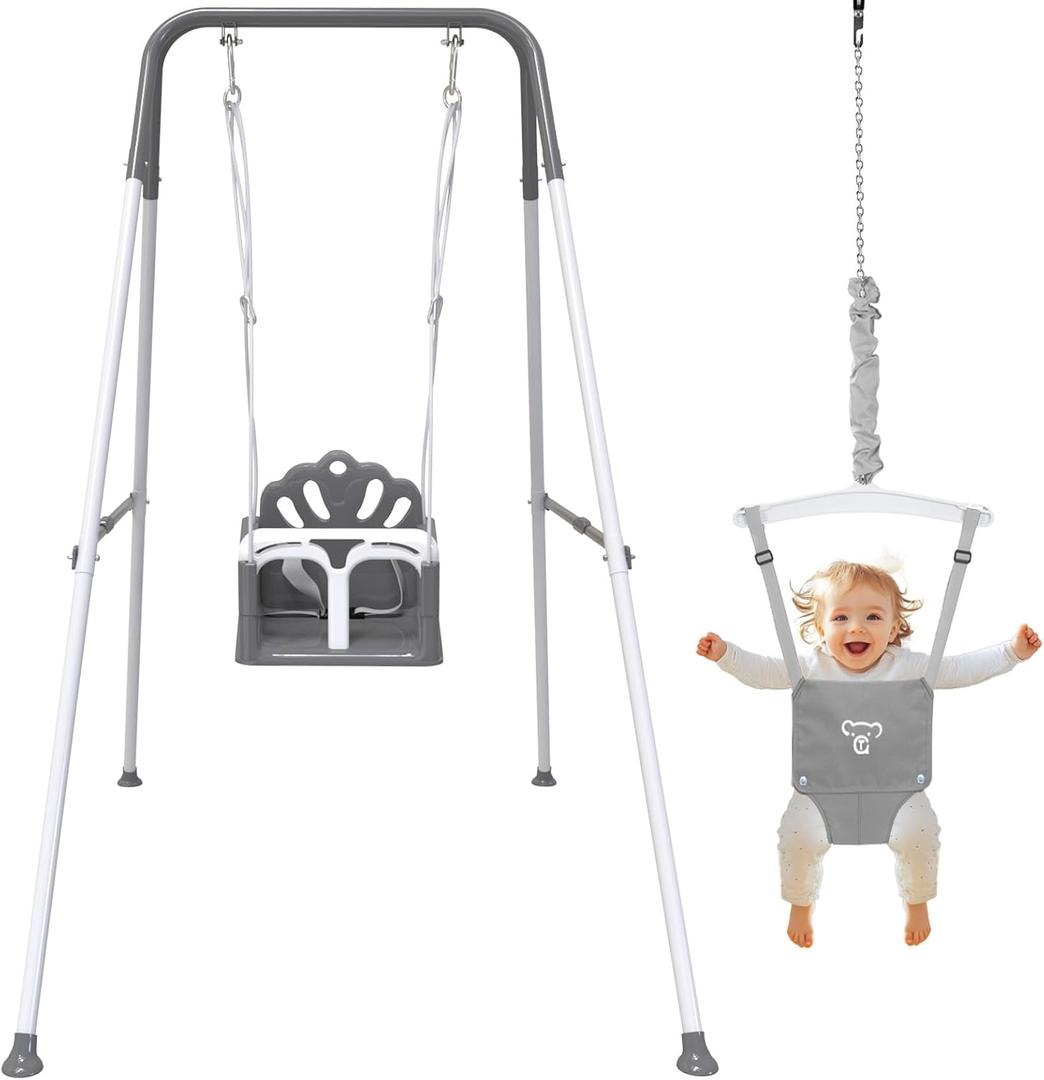 Foldable Toddler Swing Set and Baby Jumper, Indoor & Outdoor Use, Baby Bouncer Jumper, Safe and Durable Swing Set for Backyard (Gray)