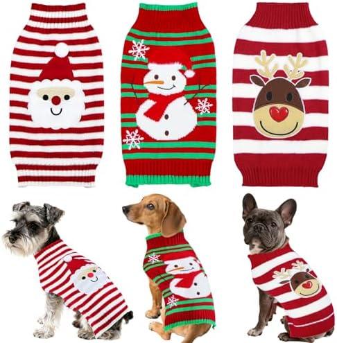 PAYHTOW 3 Pack Dog Christmas Sweater, Christmas Dog Outfit Sweater Santa Reindeer Snowman Knit Holiday Sweaters Dogs Pets (Medium)