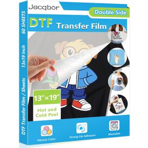 Jecqbor DTF Transfer Film 13x19 Inch, A3 Plus Double-Sided Matte Clear PET Paper 60 Sheets, DTF Paper for Sublimation Hack, Direct Print on for All Fabric and Colors T-Shirts Textile