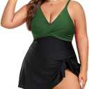 MFAVIP Women Plus Size Swim Dress Tummy Control One Piece Swimsuit V Neck Wrap Full Coverage Bathing Suit Cute Tie Knot, XL