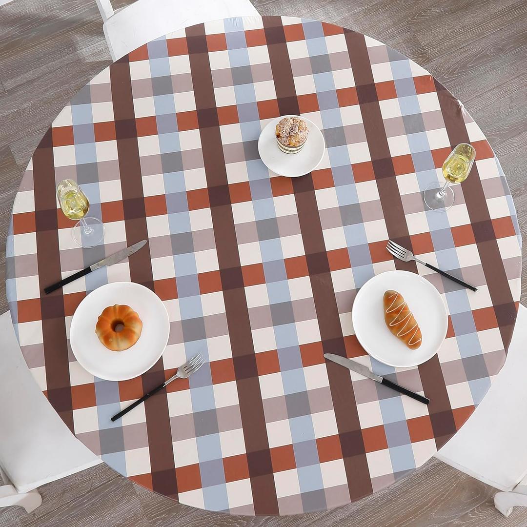 Walrus Round Vinyl Fitted Tablecloth with Flannel Backing Elastic Edge Design Table Cover Waterproof Oil-Proof PVC Table Cloth Stain-Resistant Best for 45"-56" Round (Checkered)