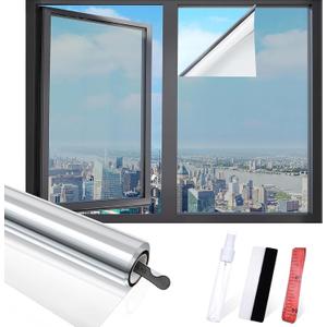 Window Film, Window Privacy Film with Free Installation Tools, One Way Daytime Privacy Window Film Static Cling Reflective Heat Control Window Tint for Home Office (Silver, 35.4 Inch X 6.5 Feet)