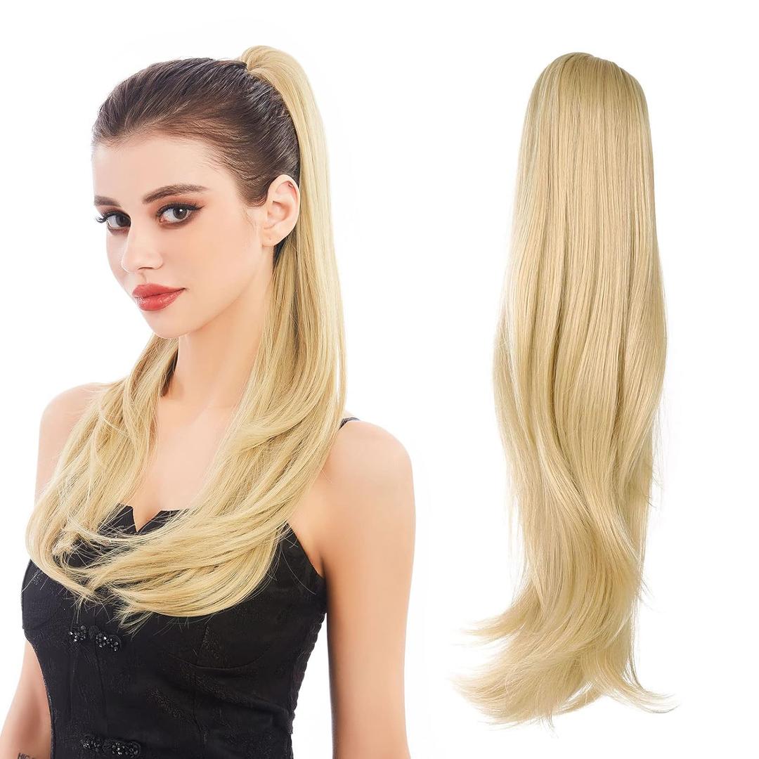 Ponytail Extension, 22" Long Claw Hair Extension Synthetic Wavy Straight Hairpieces Clip in Ponytail Wig Daily Fluffy Pony Tail for Women, 4.8 OZ, Blonde