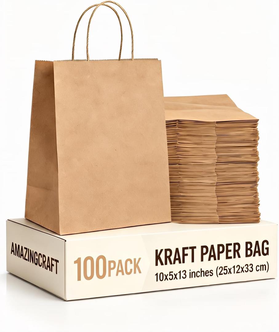 100-Pack Large Kraft Paper Bags 10"x5"x13" (25x13x33 cm), Brown with Handles, Ideal for Retail, Wedding Favors, Party Gifts, Boutiques, Bakeries, and Business Events