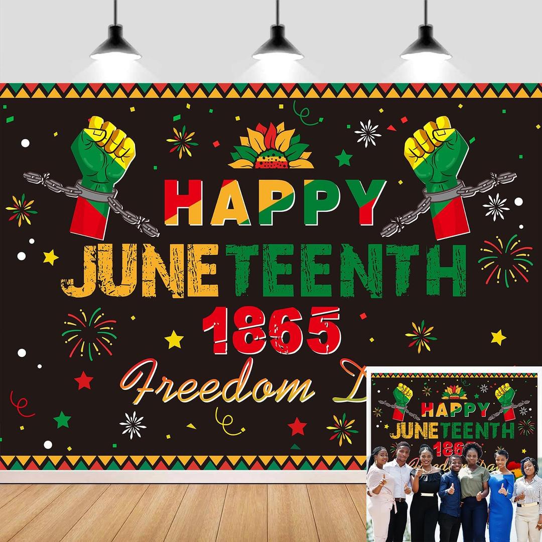 Happy Juneteenth 1865 Freedom Day Backdrop African American Emancipation Day Photo Booth Background Banner for Juneteenth Party Decoration Red Green Yellow Patriotic Holiday Party Decor (8X6 FT)