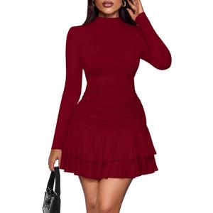 PRETTYGARDEN Womens Spring Long Sleeve Dresses 2026 Mock Neck Ruched Y2K Clothes Ruffle Layered Bodycon Mini Party Dress (Small, Burgundy)