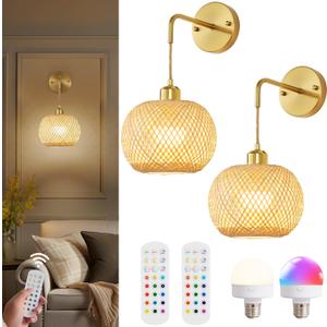Vitnucrol Battery Operated Wall Sconces Set of 2 with Remote, Rechargeable Boho Rattan Battery Powered Wall Lights/Lamps, Wireless Lighting Fixtures for Bedroom Farmhouse, 15 Colors Dimmable, Gold