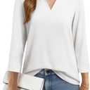 YUCOLEN 3/4 Sleeve Tunic Tops for Women V Neck Collared Shirts Chiffon Work Blouses Dressy Casual S (White)