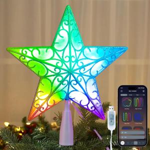 Brizled Smart Christmas Star Tree Topper, 9" 11 LED 200+ Dynamic Modes RGB 3D Star Treetop Bluetooth App Control, Color Changing USB Christmas Tree Topper, Music Sync Tree Top Star for Xmas Holiday