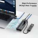 Powered USB Hub, 10-Port USB C Hub with 6 USB-A 3.2, 4 USB-C 3.2 Ports, Individual Switches and 12V/5A Power Adapter, Aluminum USB Extension for MacBook, Laptop/PC and More.