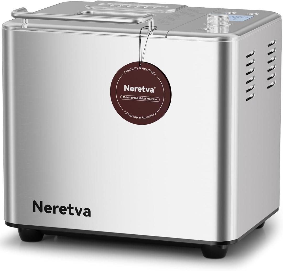 Neretva Bread Maker, 20-IN-1 2LB Bread Machine Dual Heater Bread Maker Machine Automatic with Nonstick Ceramic Pan, 15H Timer & 1H Keep Warm Set, Low Noise, Stainless Steel Breadmaker Recipe-Silver (Sliver)