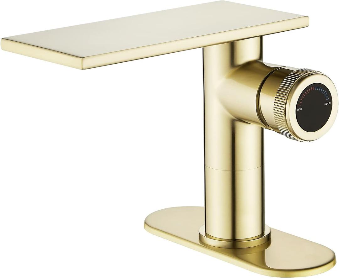 becola Modern Brushed Gold Bathroom FaucetWaterfall Faucet for Bathroom SinkSingle Hole Cold and Hot Basin Mixer TapSingle Handle Vanity Faucet with Adjust Knobs and Deck Plate (low)