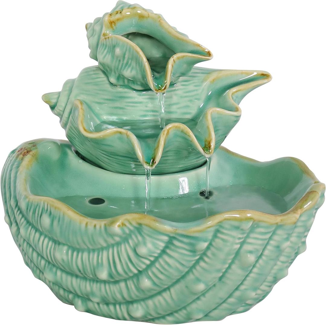 Sunnydaze Stacked Seashells 7-Inch Indoor Ceramic Tabletop Fountain - Electric Submersible Pump with Adjustable Flow Green