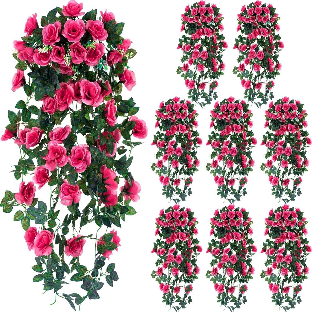 Suncalla 8 Pcs 3.3ft Artificial Hanging Rose Vine Fake Rose Flowers with Green Leaves Silk Hanging Plants Garland for Home Garden Wedding Party Mother's Day Indoor Outdoor Decor