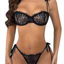 popiv Women Sexy Lace Lingerie Set Matching Bow-Knot Bra and Side Tie Up Panty Set Black. Size S