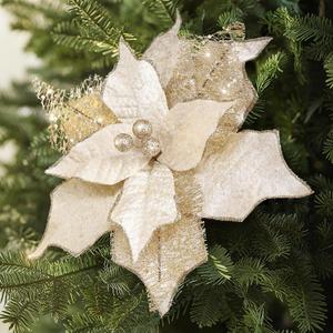 Alupssuc 10 PCS Poinsettia Christmas Flowers Artificial, Large Size 9 Inch Glitter Poinsettia Flowers Artificial, Sparkling Christmas Decorations for Xmas Tree Party Wreath Fireplace, Champagne Gold