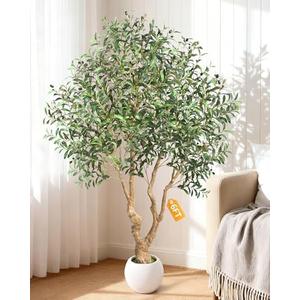 6 FT Faux Olive Tree, Look Real Fake Olive Tree with 4 Natural Thick Trunks & Weighted Pot, Olive Trees Artificial Indoor with Lusher & Fuller Leaves for Indoor Home Office Living Room Outdoor