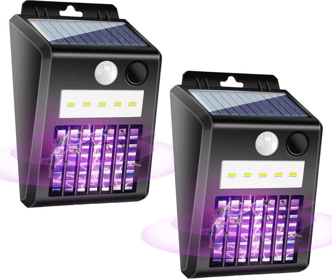 2 Pack of Solar Mosquito Zapper & Outdoor Light - 1000V Electric Bug Trap, Solar-Powered Fly Killer with Motion Sensor, Waterproof & Cordless