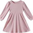 Toddler Girl Long Sleeve Dress Baby Ribbed Knit Sweater Dresses A Line Fall Winter Kids Clothes Casual (Pink)