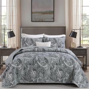Gray Paisley Quilt Set King Size Boho Bedspread Coverlet Set 3 Pieces, Soft Lightweight Microfiber Vintage Dark Grey Paisley Floral Pattern Bedding for All Season, 110''x90''