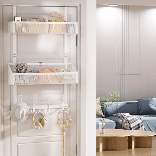 Upesitom Over Door Hook Organizer 12 Hook Over The Door Organizer with 2 Mesh Baskets - Back of Door Storage Towel Rack Space Saving Storage Organizer for Bedroom, Bathroom, Kitchen, Pantry, White