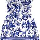 OYOANGLE Women's Strapless Bodycon Short Dress Floral Print Beach Vacation Boho Summer Dresses (Blue, S)