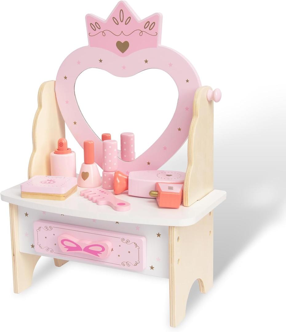 Wooden Vanity Set for Kids, Pretend Play Toddler Makeup Vanity Table Toys with 360 Rotatable Mirror, Beauty Salon Set Includes Makeup Accessories, Little Girls Gift Age 3+ (Pink)