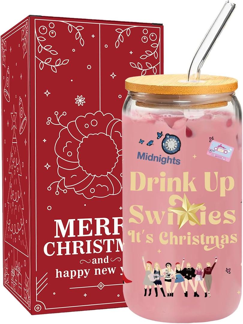 2 x Funny Christmas Glass Cup for Women, 16 oz Glass Cup with Lid and Straw, Coffee Drinking Glass Tumbler Party Supplies, Singer Merch White Elephant Gifts Stocking Stuffers for Girls Sister Daughter