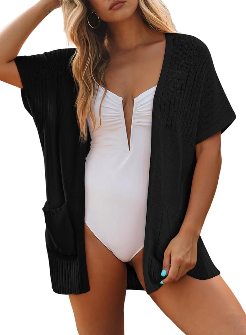SHEWIN Womens Short Sleeve Summer Cardigan Sweaters Lightweight Open Front Pleated Cover Ups Beach Vacation Clothes for Women (Small)