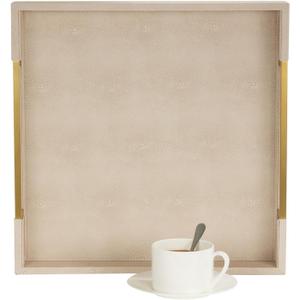 Sagala 16x16 Ivory Shagreen Leather Serving Tray with Brushed Gold Handles, Wooden Decorative Tray for Ottoman Coffee Table Bathroom Vanity Buffet (Ivory-Gold, Square 16")